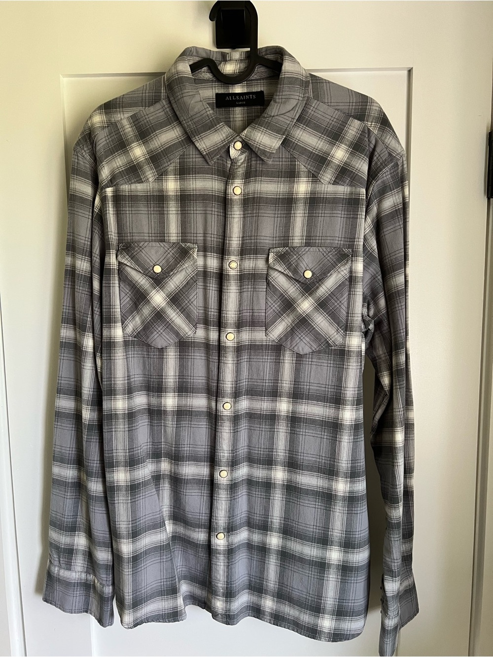 All Saints Gray Plaid Long-Sleeve Button-Down Shirt